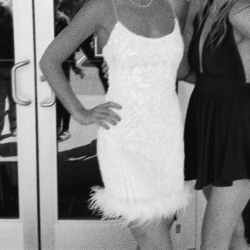 BRIDAL elegant sequin/lace cocktail dress with feathers